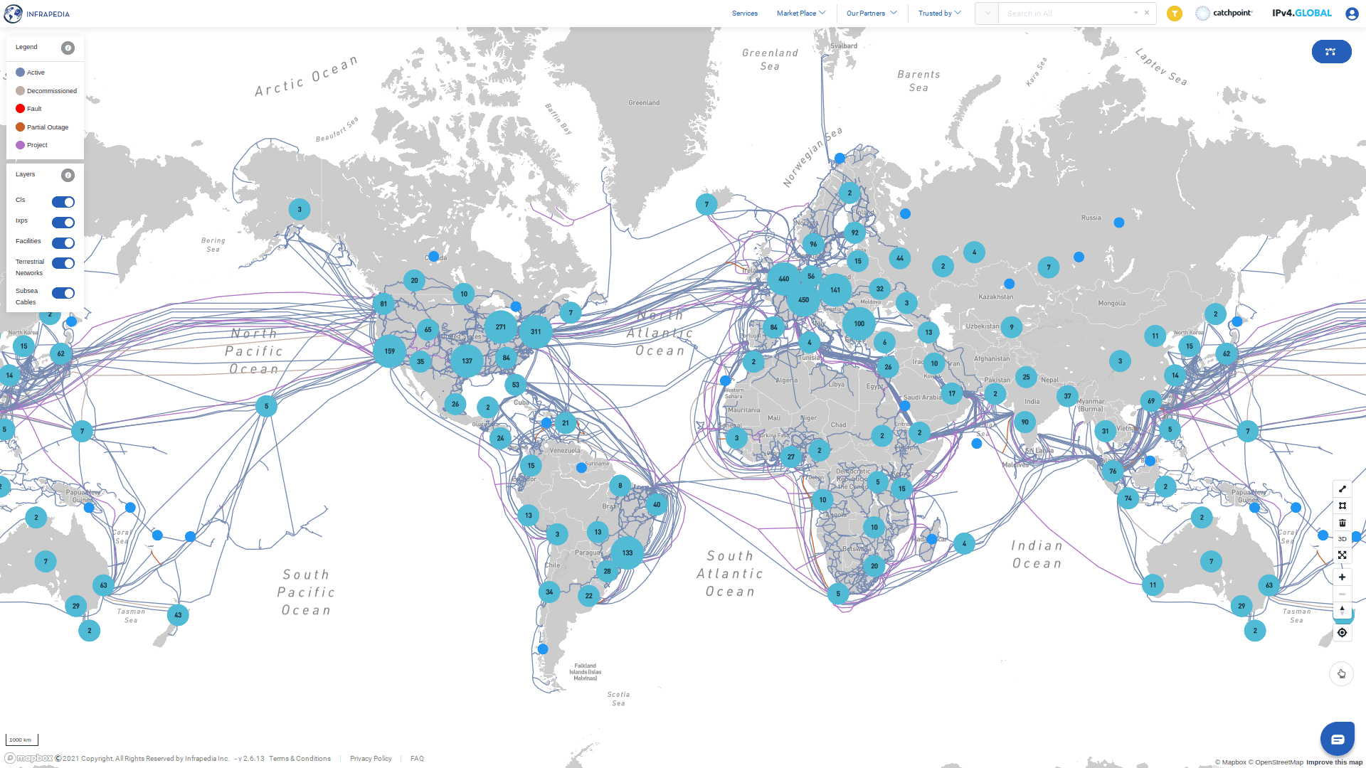 Mapa dos cabos submarinos (e terrestres) de internet